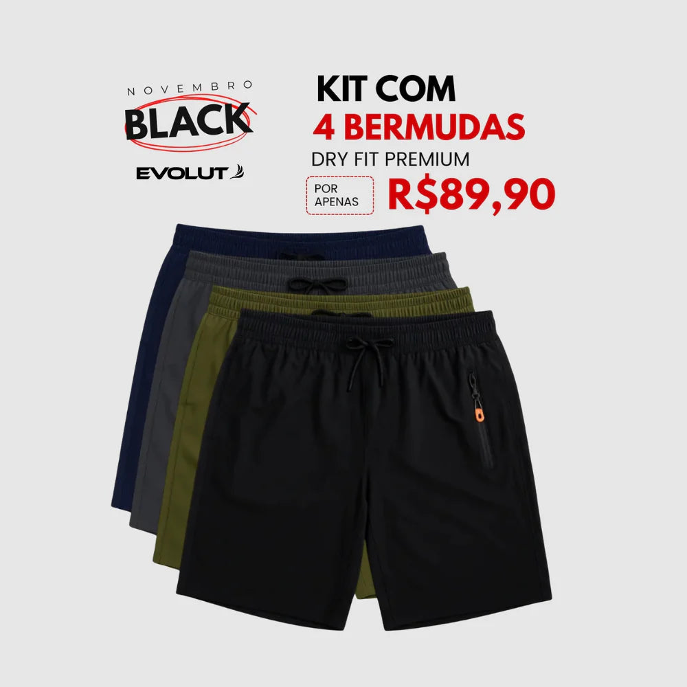 Kit 4 Bermudas DryFit Premium Evolut Performance - Secagem rápida, Bolso com Zíper e Ajuste Anatômico | FRETE GRÁTIS